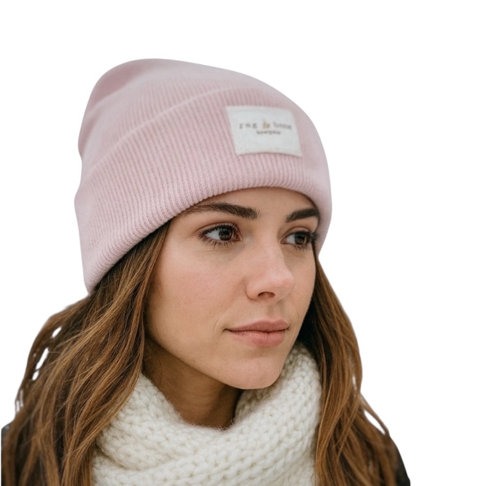Rag & Bone Addison Slouchy Wool Blend Logo Patch Beanie New! Pink